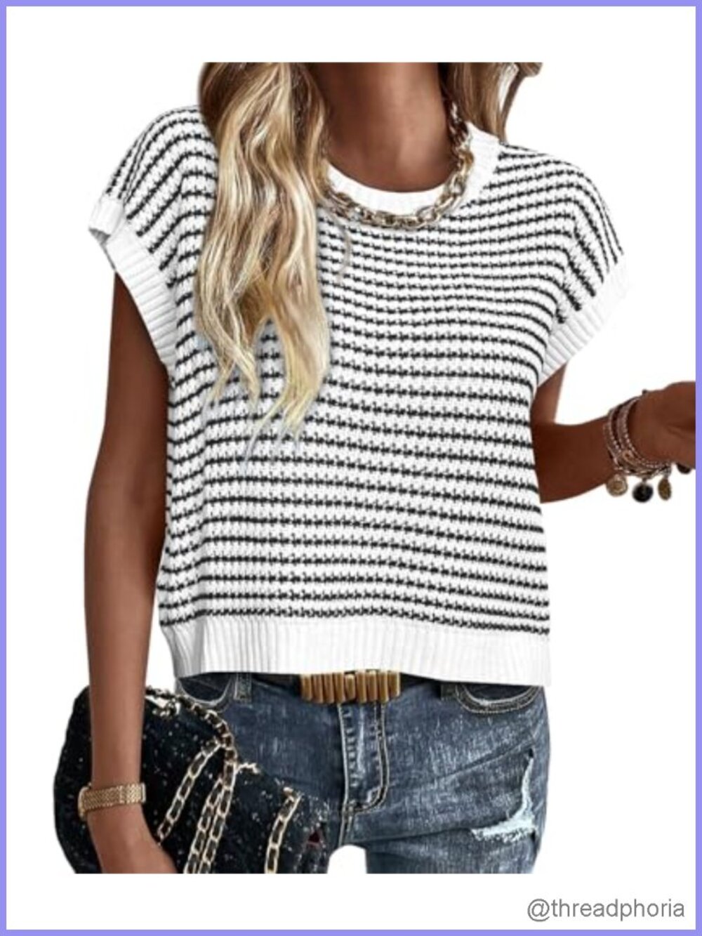 Athmile Women's Striped Cotton Crew Neck Cap Sleeve Knit Pullover Sweater Top